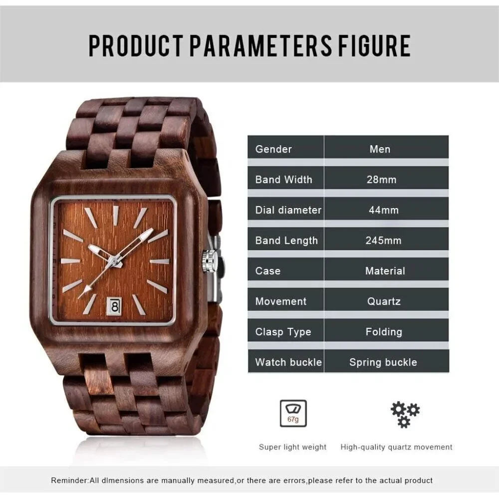 Men's Brown Red Rectangle Quartz Movement Wooden Watches